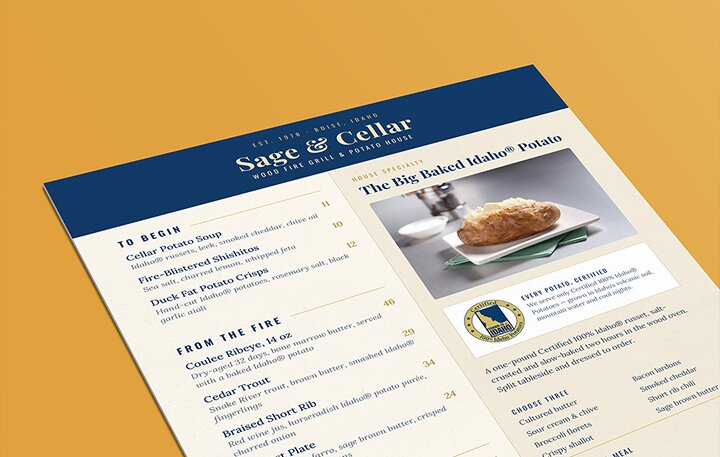 A restaurant menu featuring The Big Baked Idaho® Potato