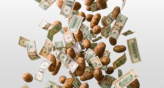 Falling Idaho® potatoes and dollar bills