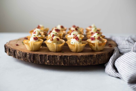 Wonton Cups with Mashed Potatoes, Bacon and Chives