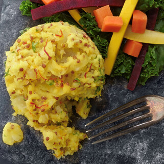 Arabian Snapper with Avocado Yogurt Sauce and Saffron Idaho® Potato and Red Quinoa Cake