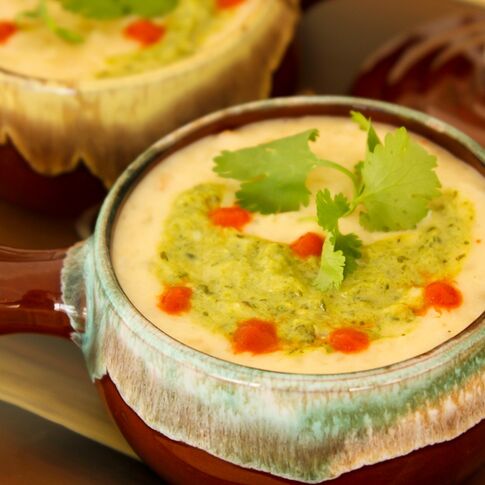 Mexican Idaho® Potato Cheese Soup with Poblano Crema