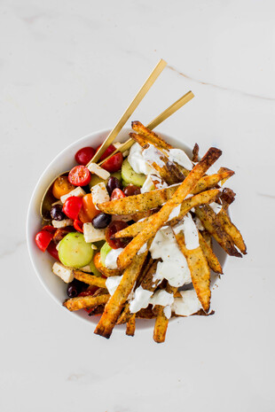 Crispy Greek-style Idaho® Potato Fries with Greek Salad and Tzatziki Sauce