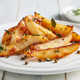 Roasted Greek Potatoes with Tzatziki, Fried Capers & Dill