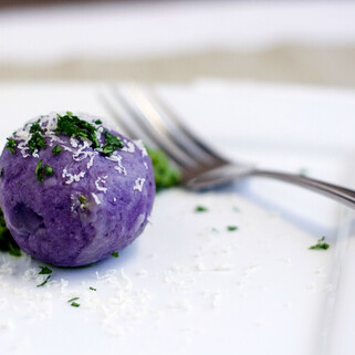 Idaho® Purple Potato Dumplings Stuffed with Gruyere and Parsley Walnut Pesto