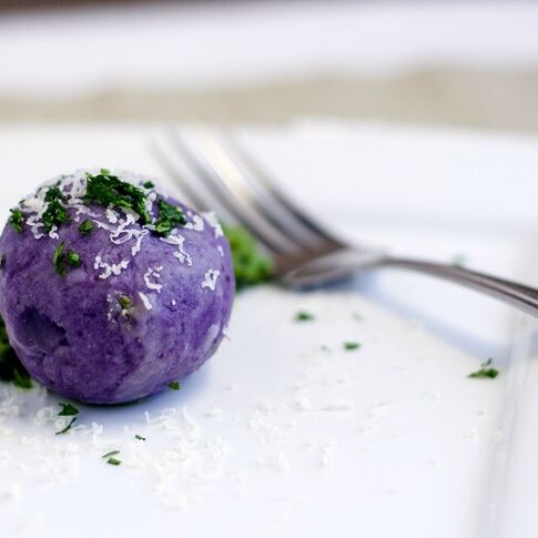 Idaho® Purple Potato Dumplings Stuffed with Gruyere and Parsley Walnut Pesto