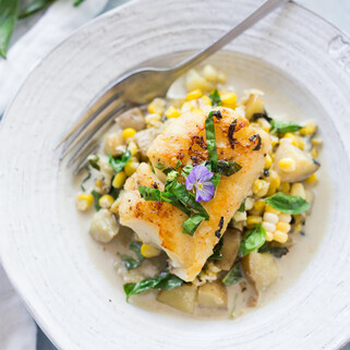 Corn and Basil Idaho® Potato Chowder with Whitefish