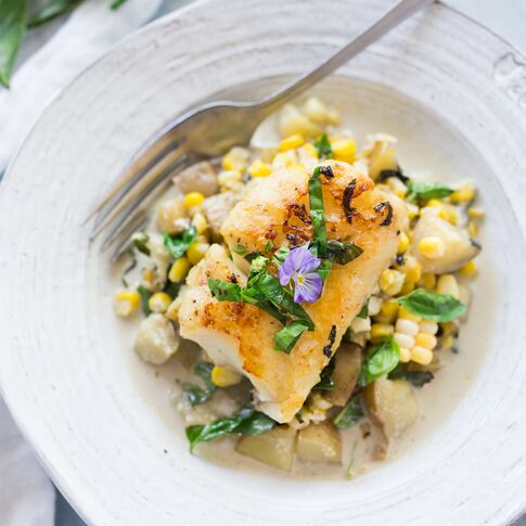 Corn and Basil Idaho® Potato Chowder with Whitefish