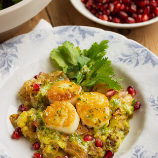 Smashed Potatoes with Cilantro Vinaigrette and Seared Scallops