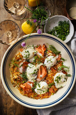 Herby Salmon Lox Eggs Benedict on Crispy Potato Hashbrowns