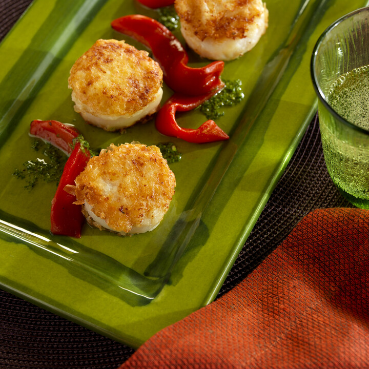 Idaho® Potato Crusted Weathervane Scallop with Roasted Piquillo Pepper and Herb Pistou