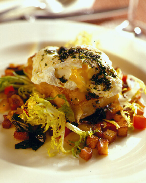 Halibut with a Potato Crust, Potato Smoked Bacon Hash and a Poached Egg, Parsley and Lemon Brown Butter