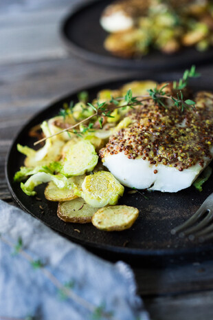 Mustard Roasted White Fish with Potato-Brussels Sprout Hash