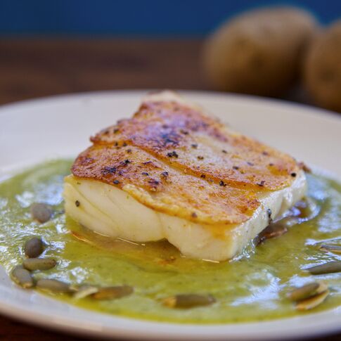 Potato Crusted Alaskan Cod In Spicy Zucchini Pepita Sauce