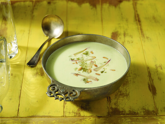 Potato and Ramp Green Soup with Candied Pine Nuts and Creme Fraiche