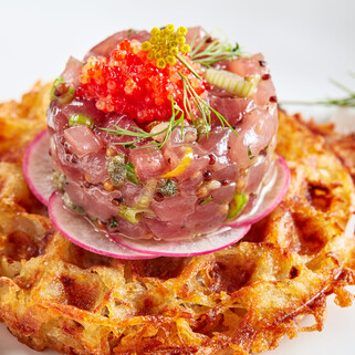 Potato Waffle, Tuna Tartare, Crème Fraiche, and Caviar