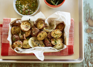  Schmaltz-Roasted Idaho® Potatoes with Grilled Onions and Salsa Verde