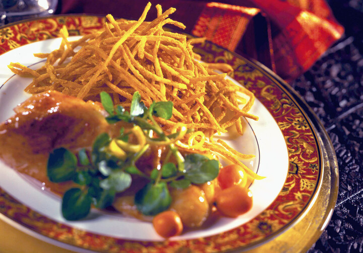Curry Idaho Shoestring Potatoes with Roasted Cod
