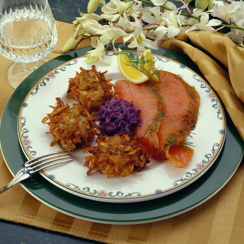 Dill Cured Salmon Graviax with Caraway Idaho® Potato Cakes, Pickled Red Cabbage & Horseradish Ver Jus