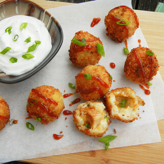Chicken Stuffed Potato Puffs with Honey Chipotle Drizzle 