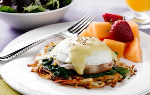 Hash Brown Benedict with Sautéed Spinach & Prosciutto