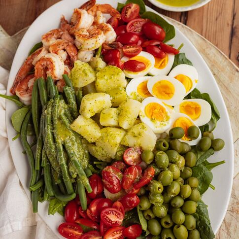 Potato & Garlic Shrimp Niçoise Salad with Green Onion Vinaigrette 