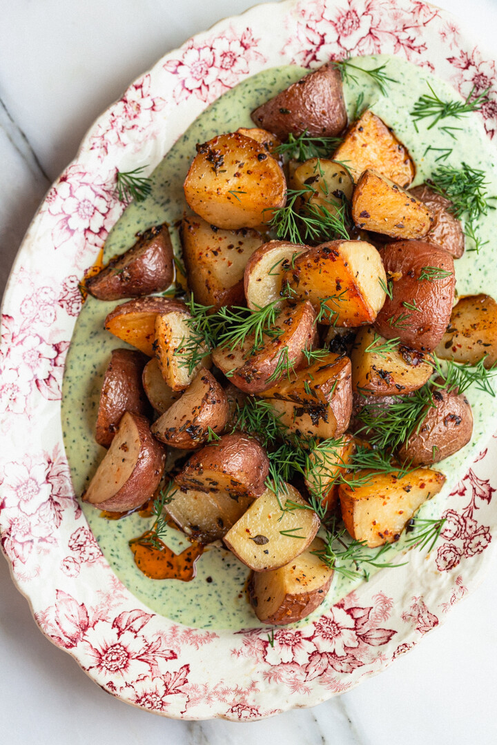 Oven Roasted Red Potatoes Over Herby Yogurt