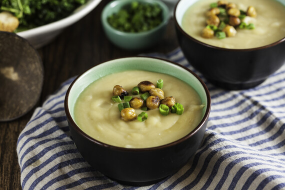 Miso and Potato Soup with Crispy Chickpeas