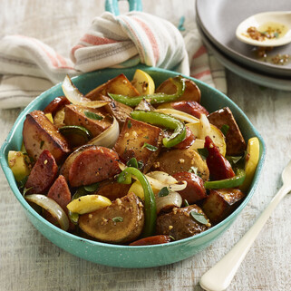 Crispy Idaho® Potatoes with Summer Garden Vegetables and Andouille Sausage