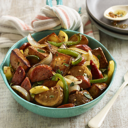 Crispy Idaho® Potatoes with Summer Garden Vegetables and Andouille Sausage