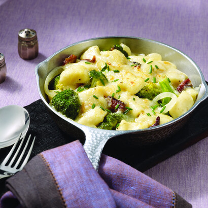 Gnocchi with Broccoli, Bacon, Creme Fraiche, Chives and Smoked Cheddar
