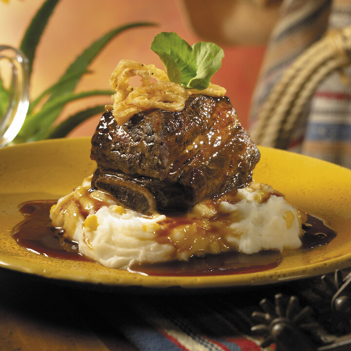 Dublin Dr. Pepper Braised Short Ribs with Queso Fresco Corn Whipped Potatoes and Caramelized Tobacco Onions