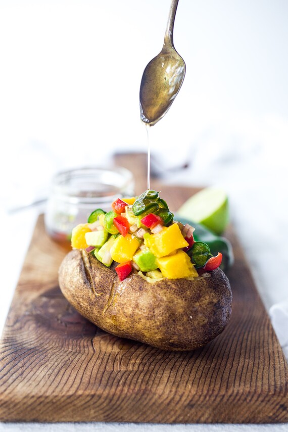 Baked Idaho® Potato with Mango Avocado Relish and Jalapeño Honey