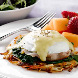 Hash Brown Benedict with Sautéed Spinach & Prosciutto