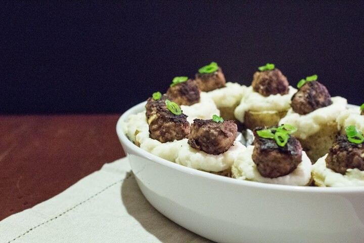 Twice Baked Idaho® Potatoes with Swedish Meatballs  