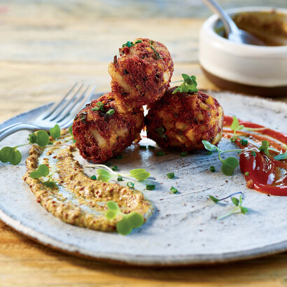 Boudin Potato Tots with Smoked Bourbon Mustard