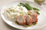 Bacon-Wrapped Turkey with Green Chili-Almond Sauce with Idaho® Mashed Potatoes (Chive, Cheddar, or Roasted Garlic Variations)
