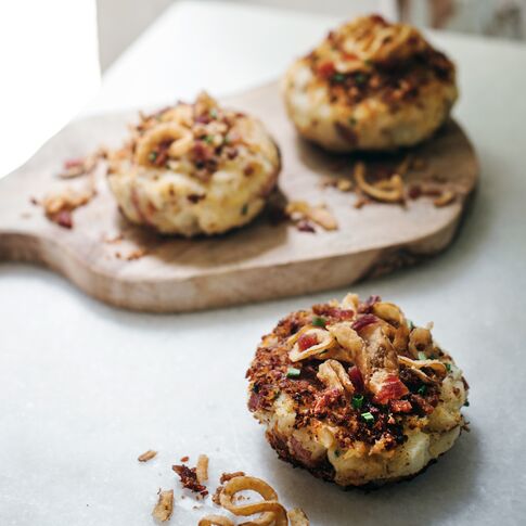 Loaded Bacon and Crispy Onion Potato Cakes