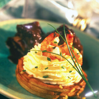 Braised Short Rib with Garlicky Shrimp and Idaho® Potato Charlotte
