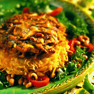 Shiitake Mushroom Burger with Black-Eyed Pea and Roasted Pepper Salad and Crispy Potato Cakes