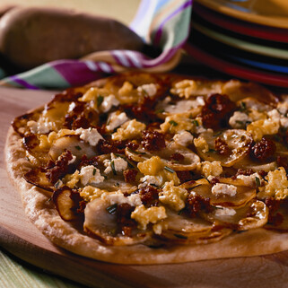 Roasted Idaho® Potato Breakfast Pizza, Lemon Roast Garlic Ricotta Linquica and Scrambled Eggs