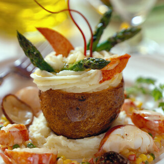 Twice cooked Idaho® Potato, Grilled Asparagus and Maine Lobster Hash
