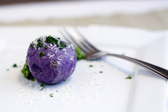 Idaho® Purple Potato Dumplings Stuffed with Gruyere and Parsley Walnut Pesto