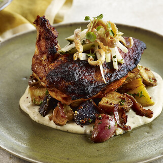 Hot Chicken, Biscuit Purée, Warm Potato Salad, Kohlrabi, Candied Skin