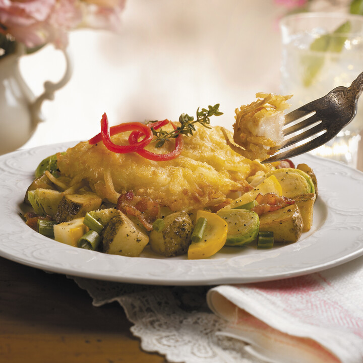 Idaho® Potato Crusted Red Snapper with Potato and Brussels Sprout Hash