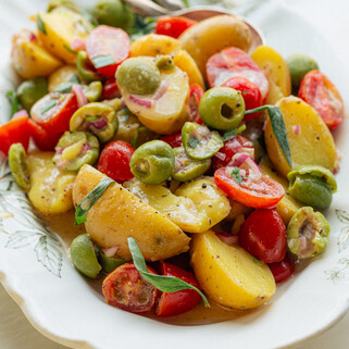 Potato, Olive, and Tomato Salad with Pan Seared Salmon
