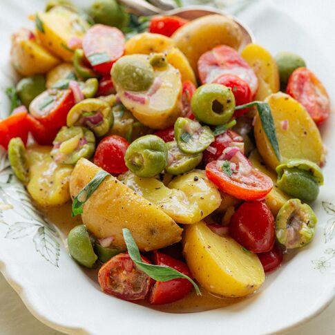 Potato, Olive, and Tomato Salad with Pan Seared Salmon