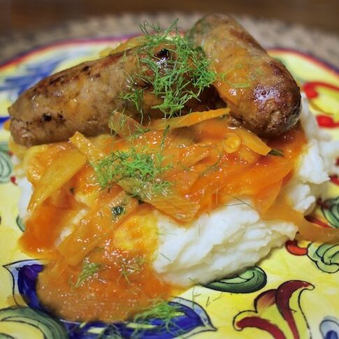 Sausage, Fennel & Onions over Whipped Pecorino Idaho® Potato 