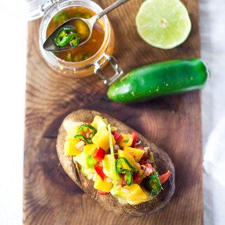 Baked Potato with Mango Avocado Relish and Jalapeño Honey