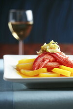 Saffron Scented Potato Medallions with Lobster and Passion Fruit Vinaigrette