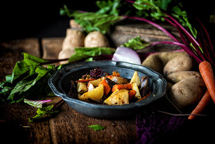 Roasted Carrots, Beets, Red Onion Wedges and Idaho® Potatoes